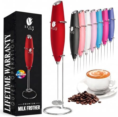 Red handheld cappuccino maker with stand