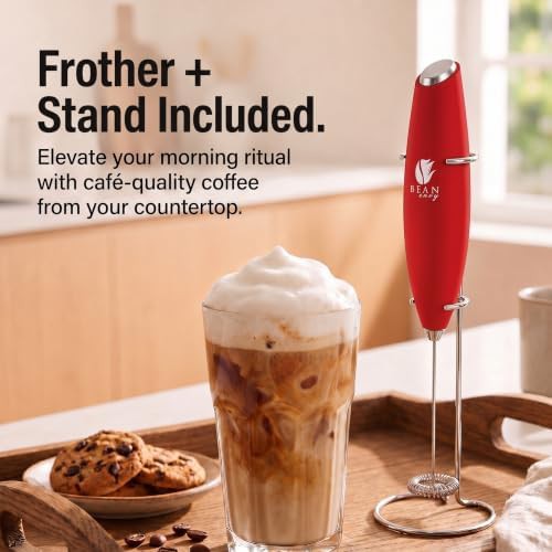 Red handheld cappuccino maker with stand — photo 3