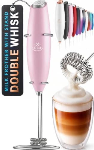 Magnetic pink double whisk foamer with stand