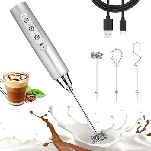 Silver rechargeable electric milk frother wand