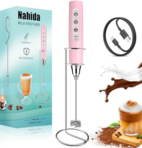 Pink rechargeable milk frother wand with stand