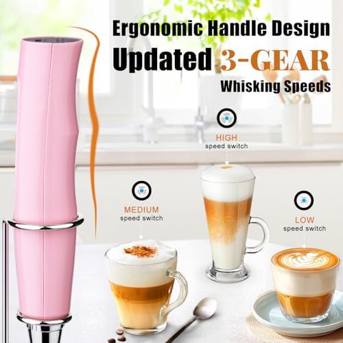 Pink rechargeable milk frother wand with stand — photo 3