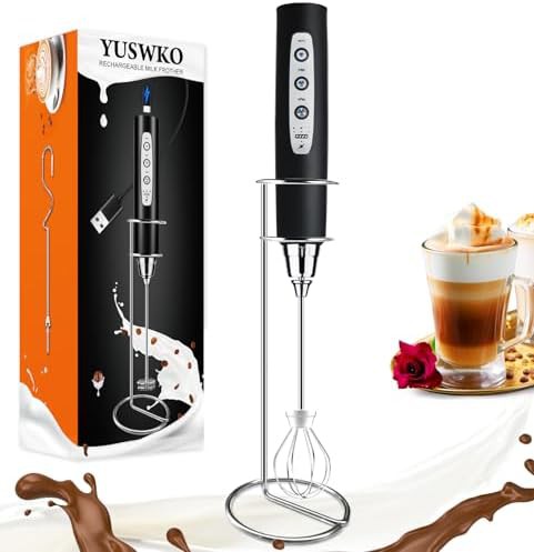 Black handheld milk frother with holder