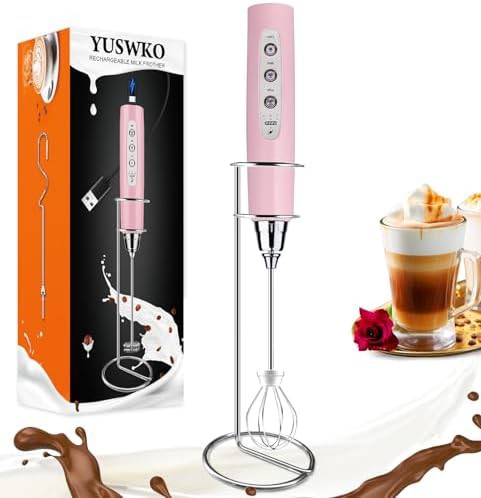Pink rechargeable milk frother with holder