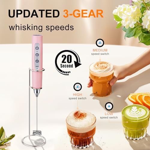 Pink rechargeable milk frother with holder — photo 3