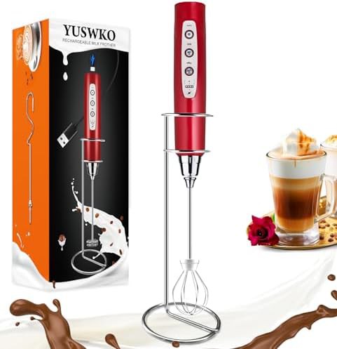 Red rechargeable milk frother with stand