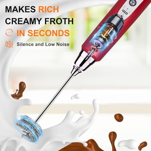 Red rechargeable milk frother with stand — photo 5