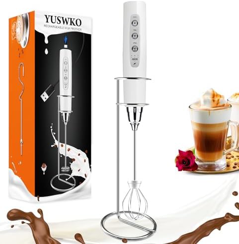 White rechargeable milk frother with holder