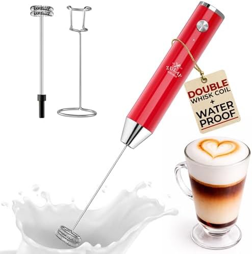 Red rechargeable double whisk milk mixer