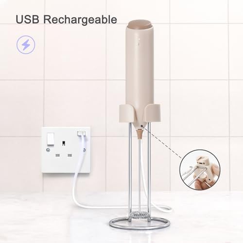 Rechargeable Beige Handheld Frother with Stand — photo 3