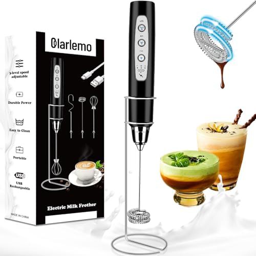 Black rechargeable milk frother with stand