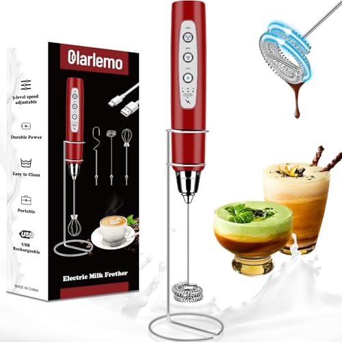 Red rechargeable milk frother with stand