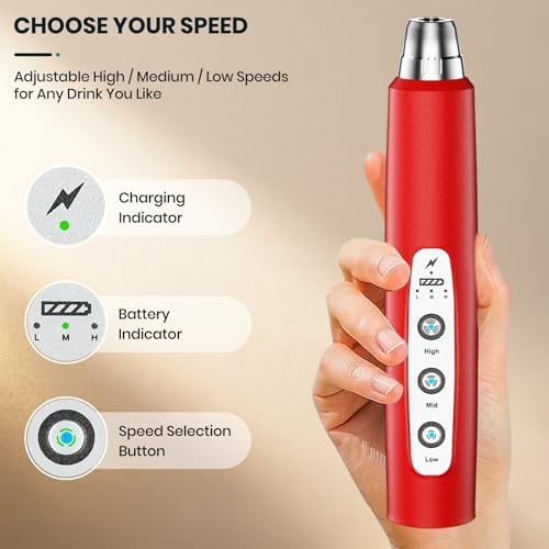 Red rechargeable milk frother with stand — photo 5