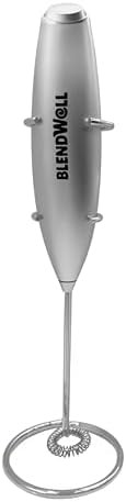 Silver handheld matcha milk frother with stand