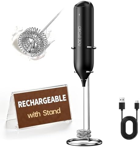 Black rechargeable milk frother with storage stand