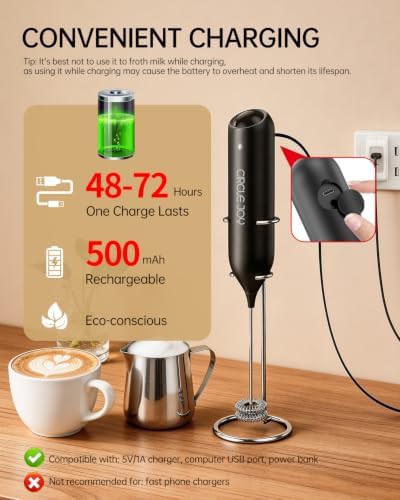 Black rechargeable milk frother with storage stand — photo 3